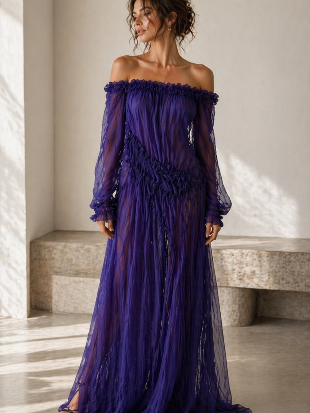 Philosophy di Alberta Ferretti Silk Purple Chiffon Off-Shoulder Maxi Dress